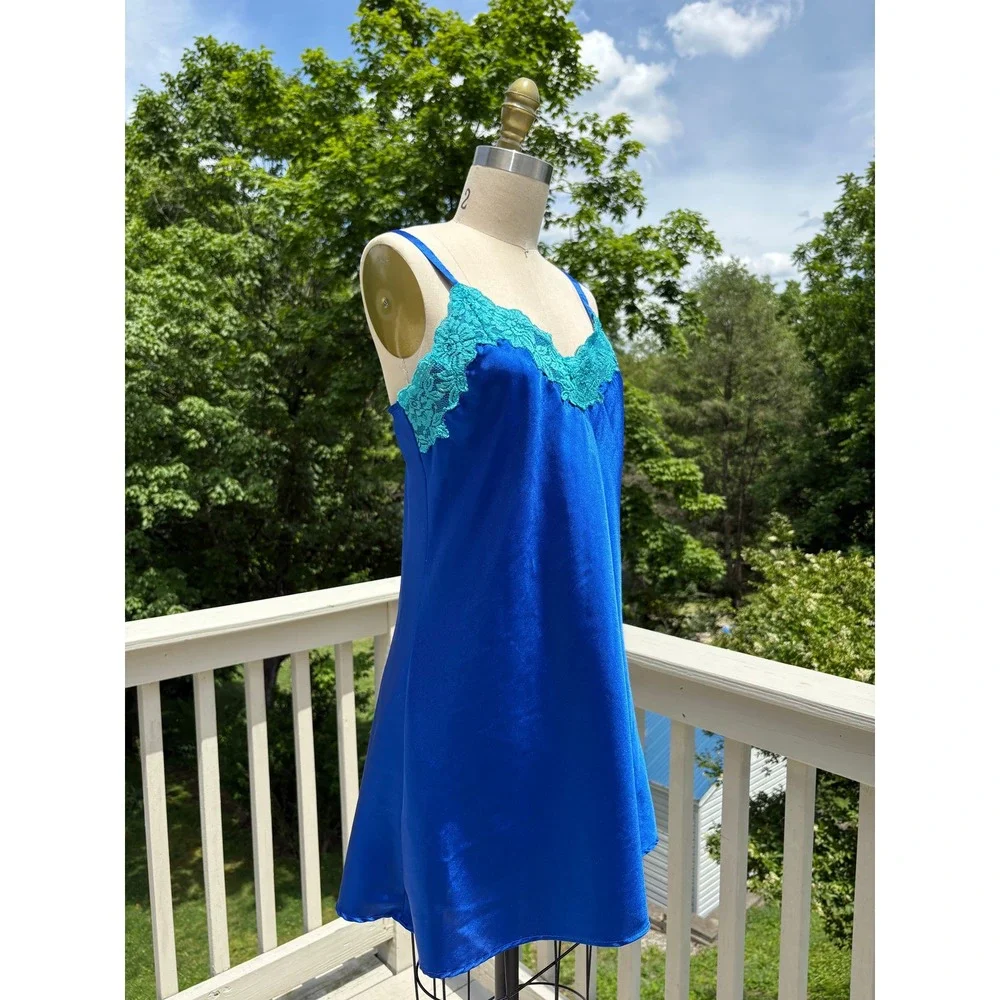 Vintage Satin Slip Dress Small Blue Turquoise Lace Trim Y2K Coquette Jones NY - Picture 6 of 10